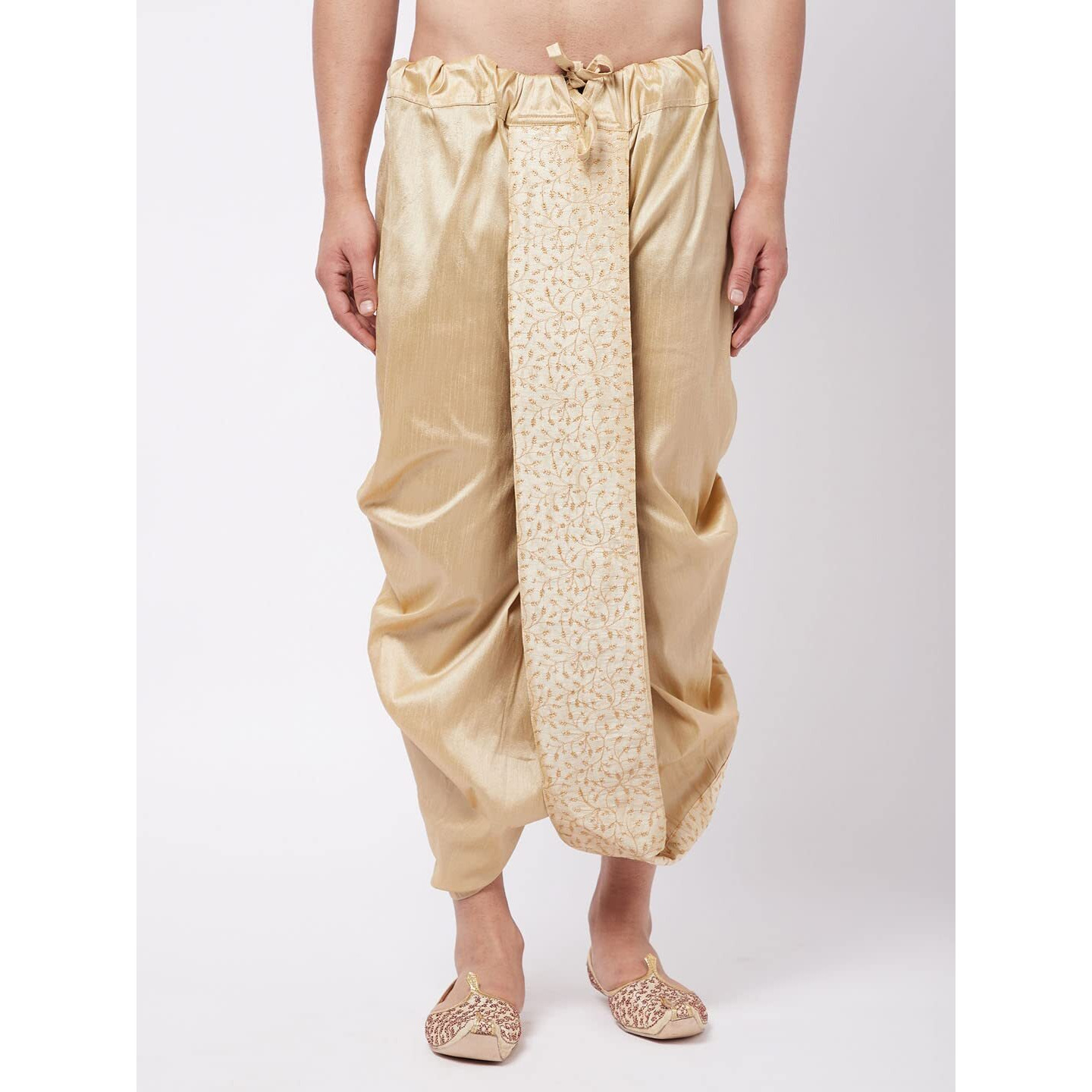 VASTRAMAY Men's Gold Silk Blend Embroidered Dhoti_VASMDT011GO_F