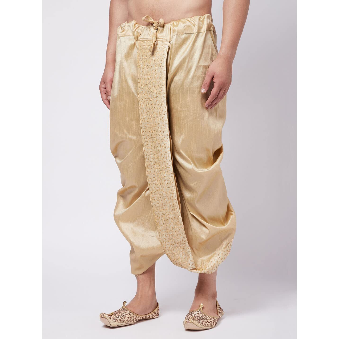 VASTRAMAY Men's Gold Silk Blend Embroidered Dhoti_VASMDT011GO_F