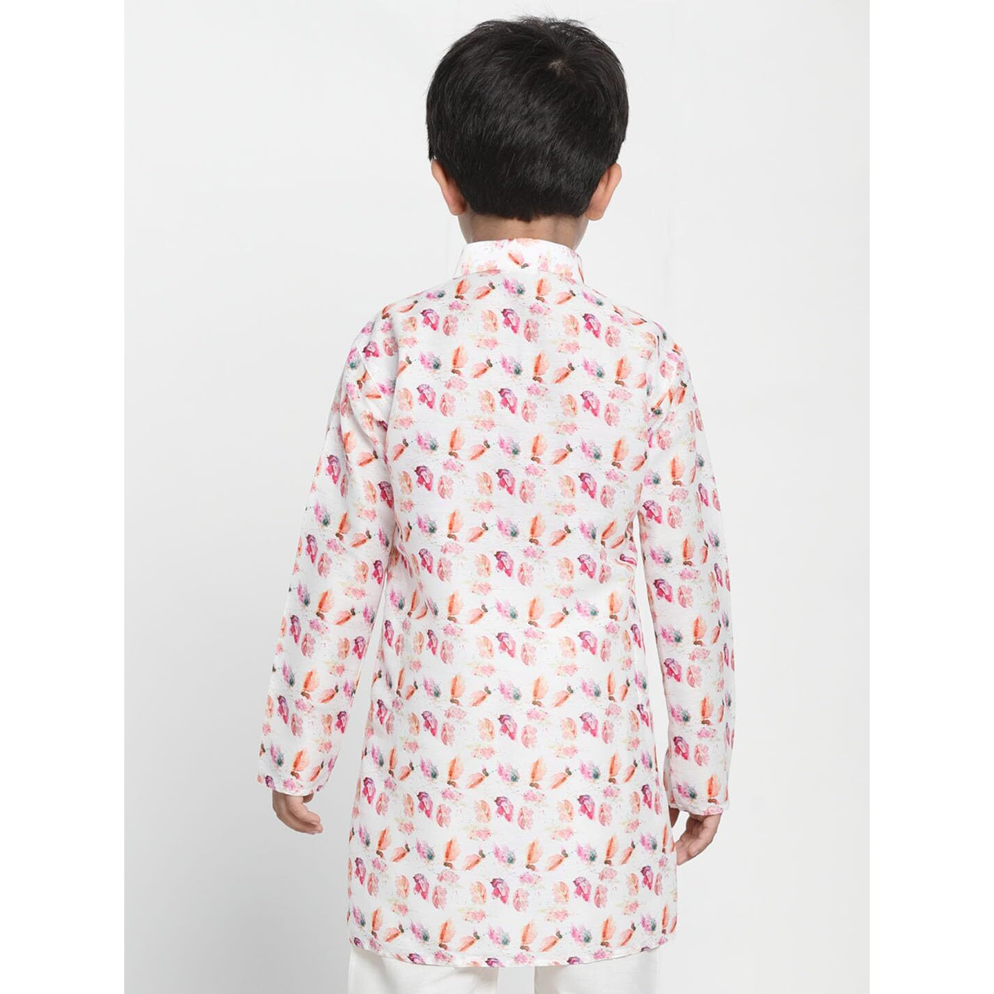 VASTRAMAY Boys' Multicolored-Base-White Kurta || Floral Petal Print Kurta With Princess Line Detailing And Embellished Borders || Elegant For Holi & EID Celebration_VASBK089WH_36