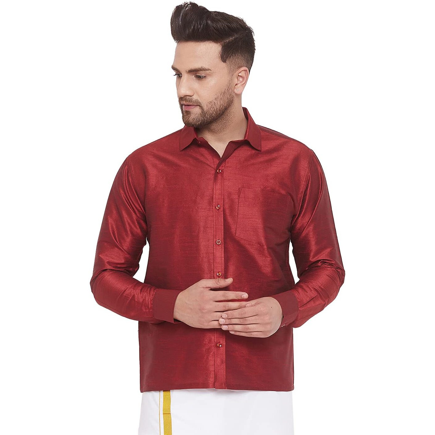 VASTRAMAY Men Maroon Cotton Silk Ethnic Shirt (VASMSH002MA_36)