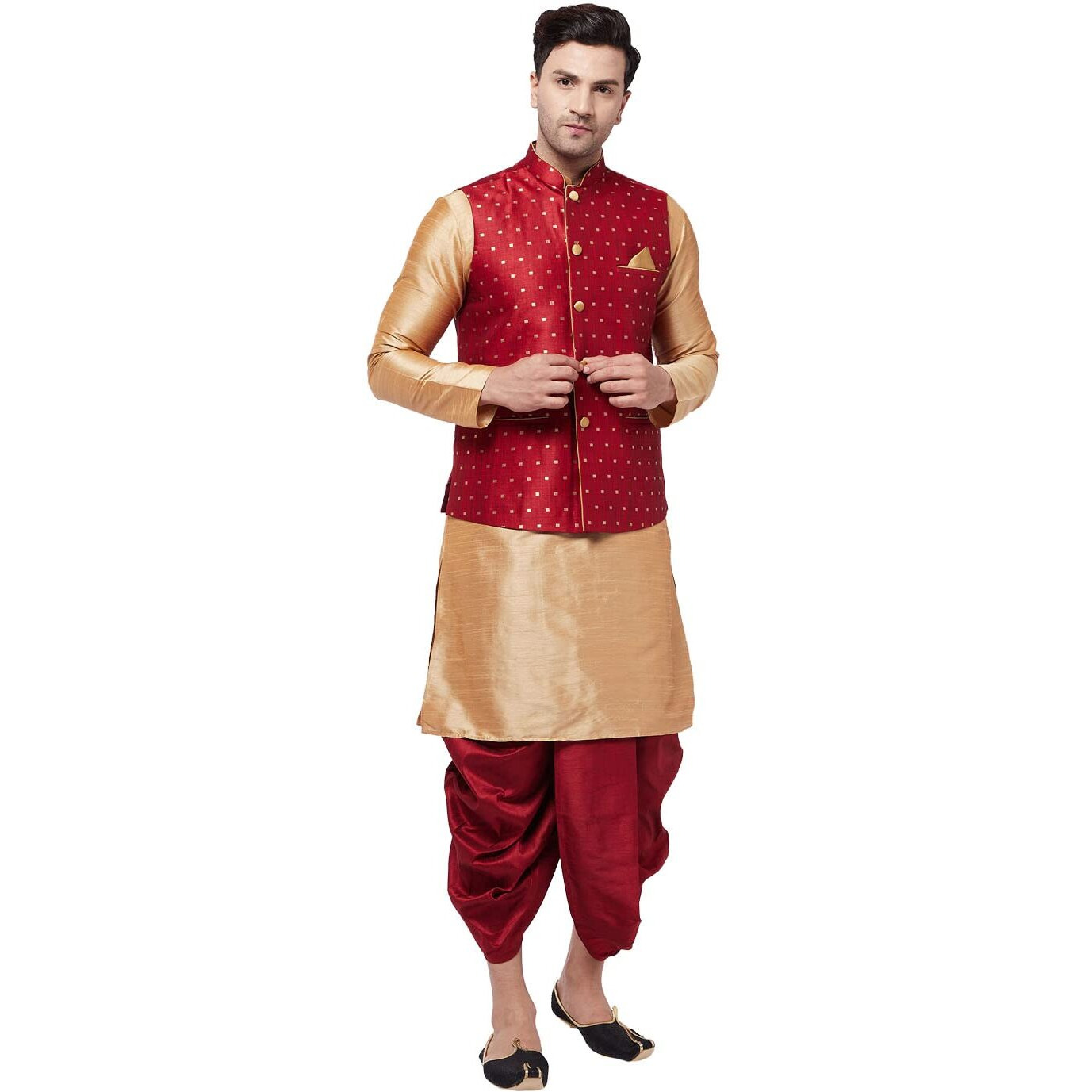 VASTRAMAY Men's Rose Gold And Maroon Silk Blend Jacket, Kurta and Dhoti Set_VASMJ009MAnKRG001nDTMA_36
