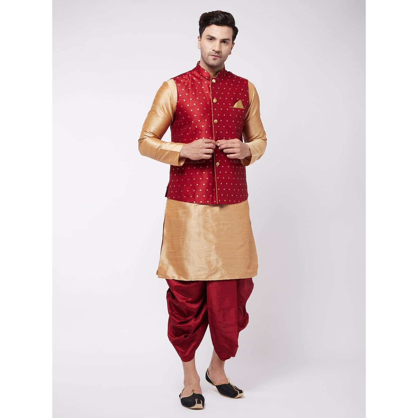 VASTRAMAY Men's Rose Gold And Maroon Silk Blend Jacket, Kurta and Dhoti Set_VASMJ009MAnKRG001nDTMA_36