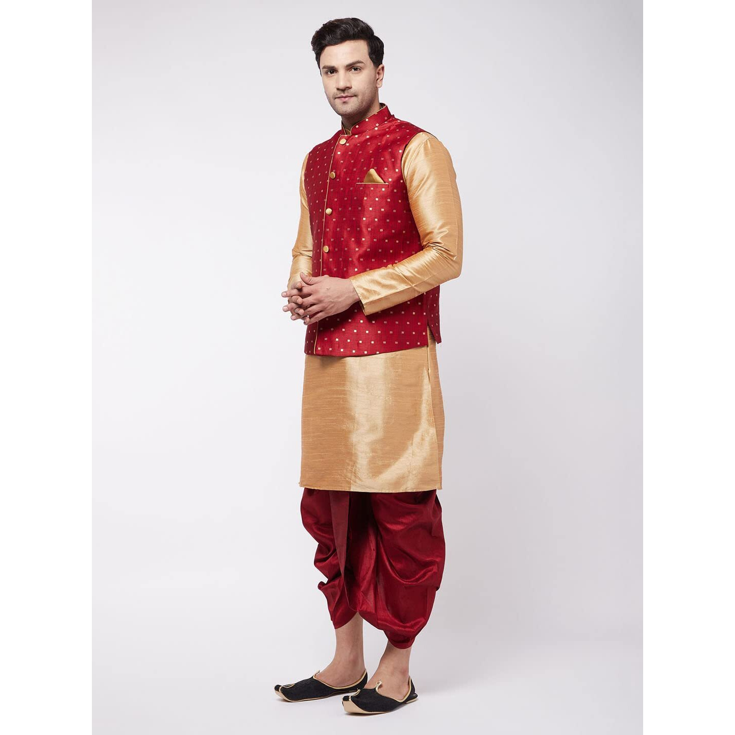 VASTRAMAY Men's Rose Gold And Maroon Silk Blend Jacket, Kurta and Dhoti Set_VASMJ009MAnKRG001nDTMA_36