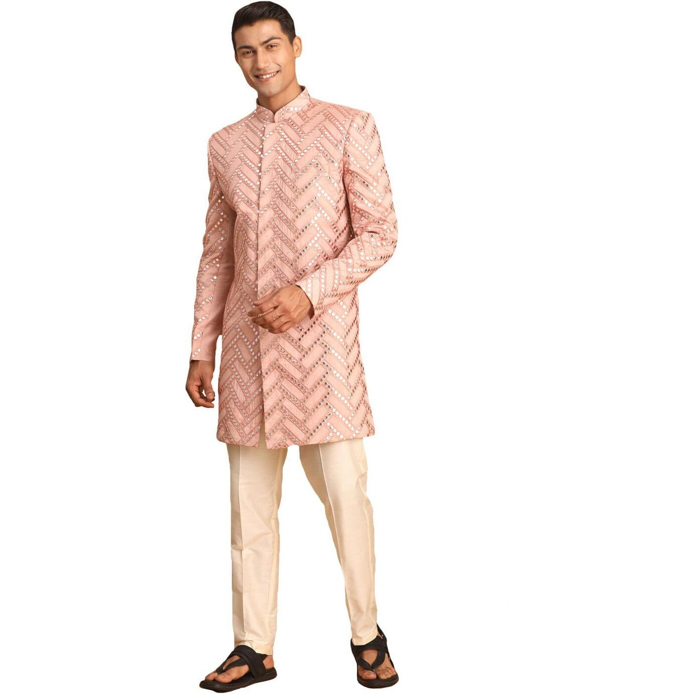 VASTRAMAY Men's Pink Silk Blend Sherwani Set | Trend setting Men's Indowestern Style Mirror Work Sherwani.Comes with Pant Style Pyjama.