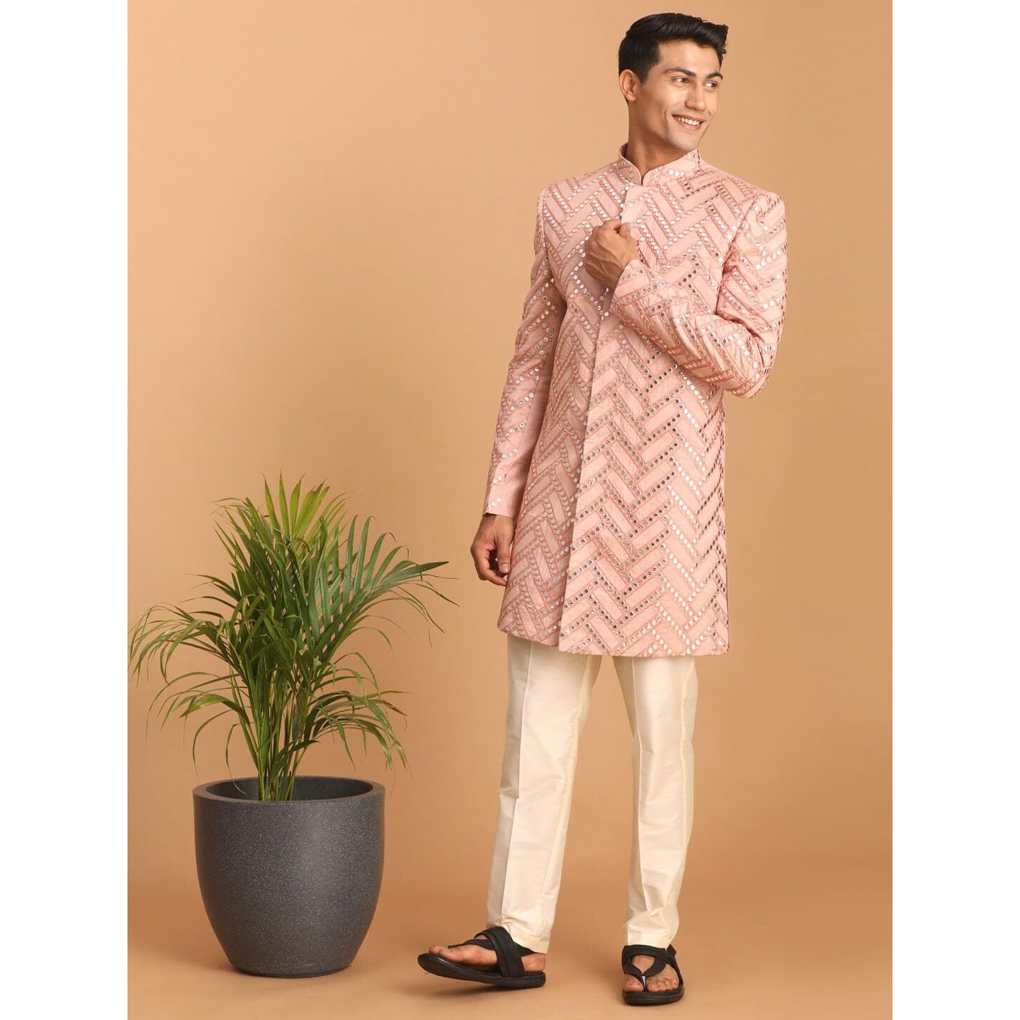 VASTRAMAY Men's Pink Silk Blend Sherwani Set | Trend setting Men's Indowestern Style Mirror Work Sherwani.Comes with Pant Style Pyjama.