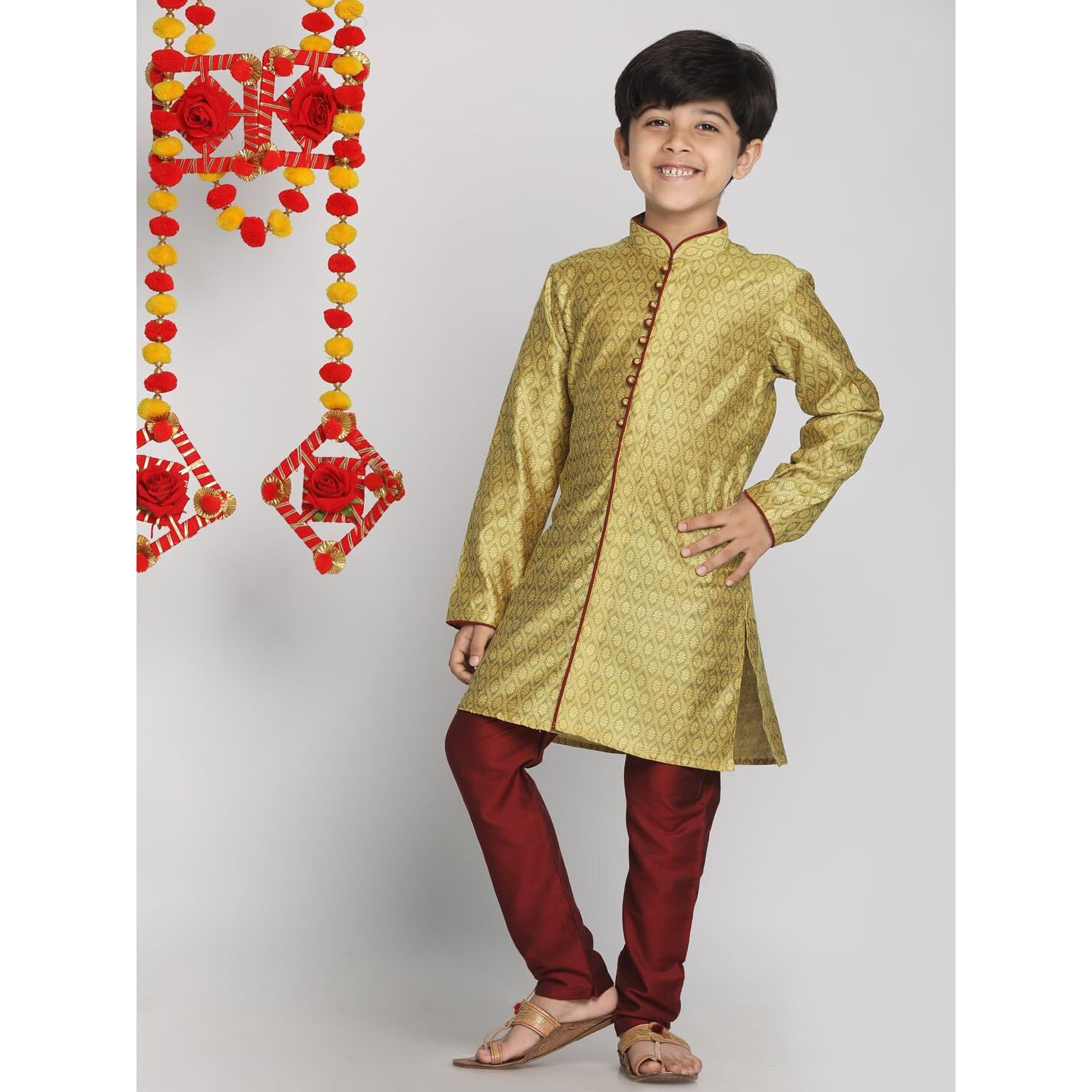 VASTRAMAY Boys' Mustard Yellow And Maroon Kurta Pyjama Set | Banarasi Silk Jacquard Kurta With Pyjama for Navratri, Diwali & Festive Celebrations - Stylish and Comfortable Indian Outfit for Kids