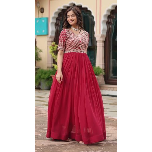 Wedani Faux Georgette Sequins-Work Anarkali Kurta Set for Women (in, Alpha, L, Regular, RED)