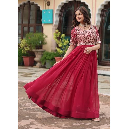 Wedani Faux Georgette Sequins-Work Anarkali Kurta Set for Women (in, Alpha, L, Regular, RED)