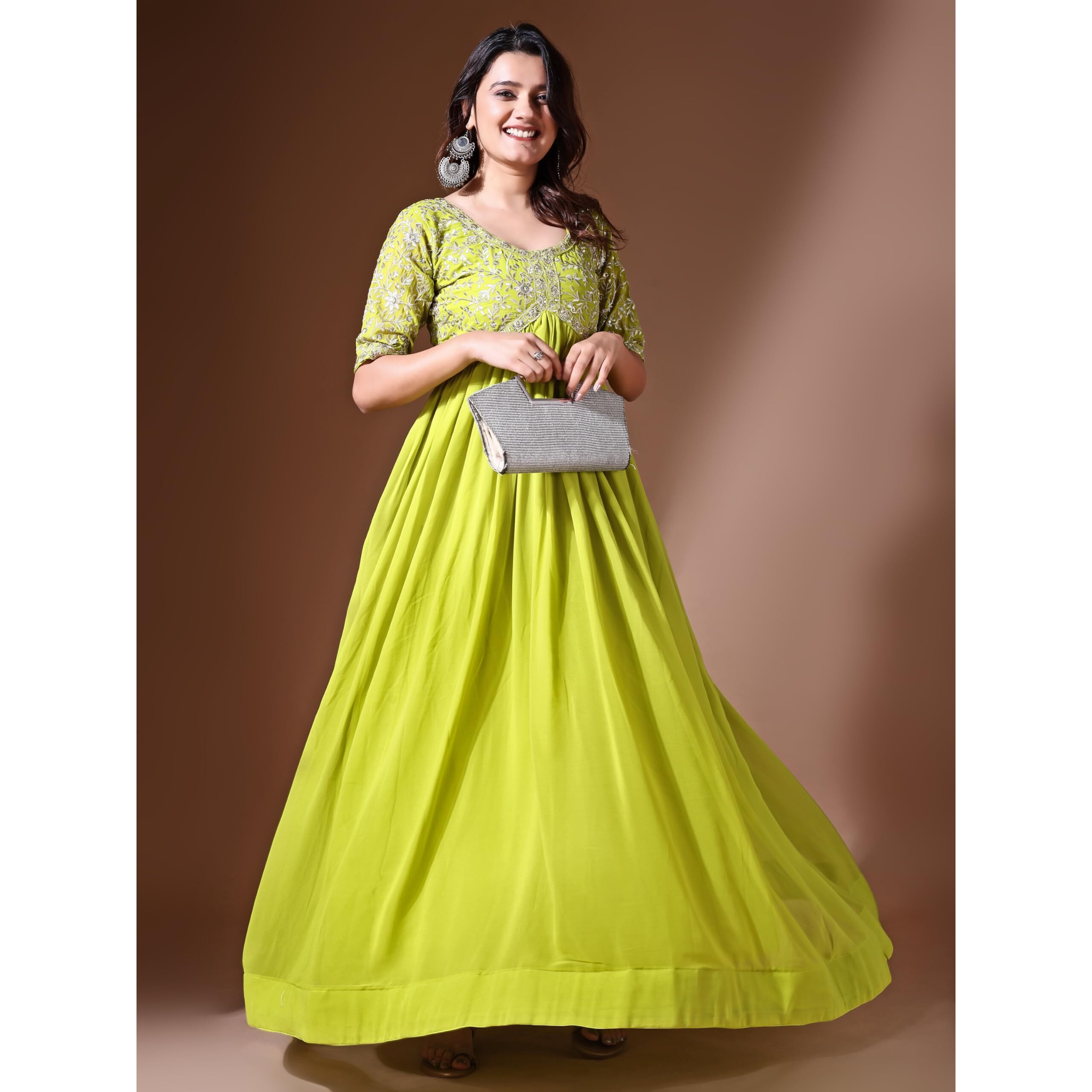 Wedani Georgette Embroidered Long Gown for Women Light Green