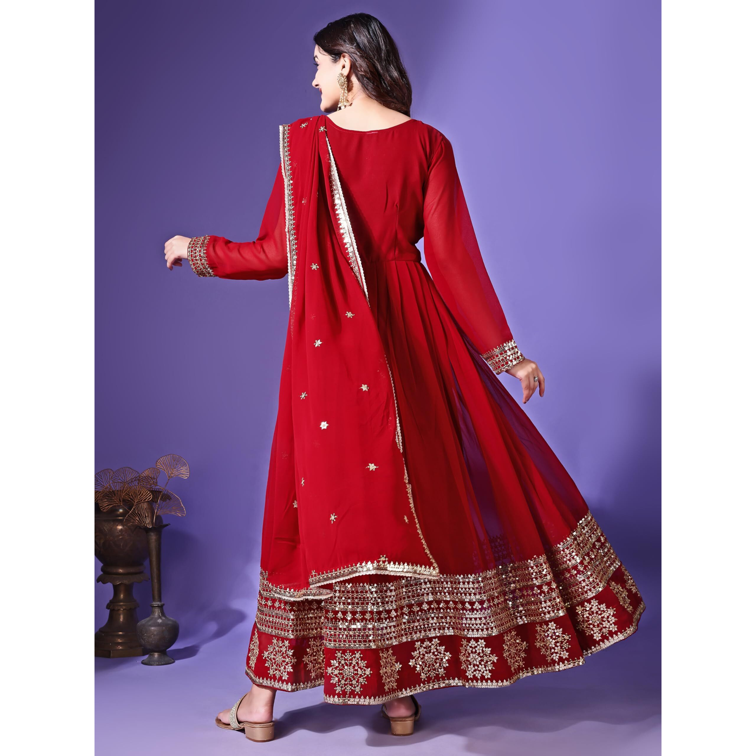 Wedani Faux Georgette Embroidered Anarkali Dress for Women (in, Alpha, M, Regular, Maroon)