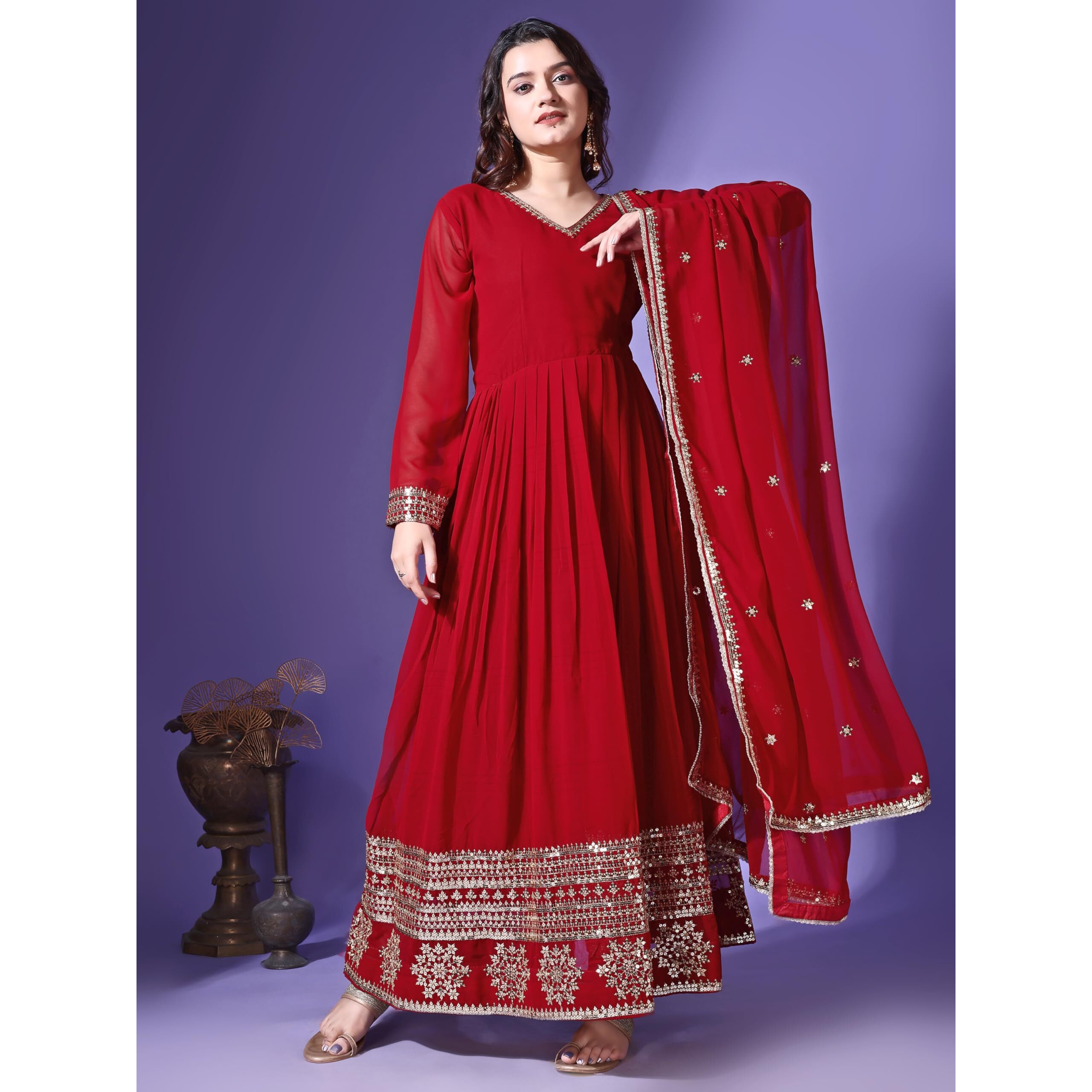 Wedani Faux Georgette Embroidered Anarkali Dress for Women (in, Alpha, M, Regular, Maroon)
