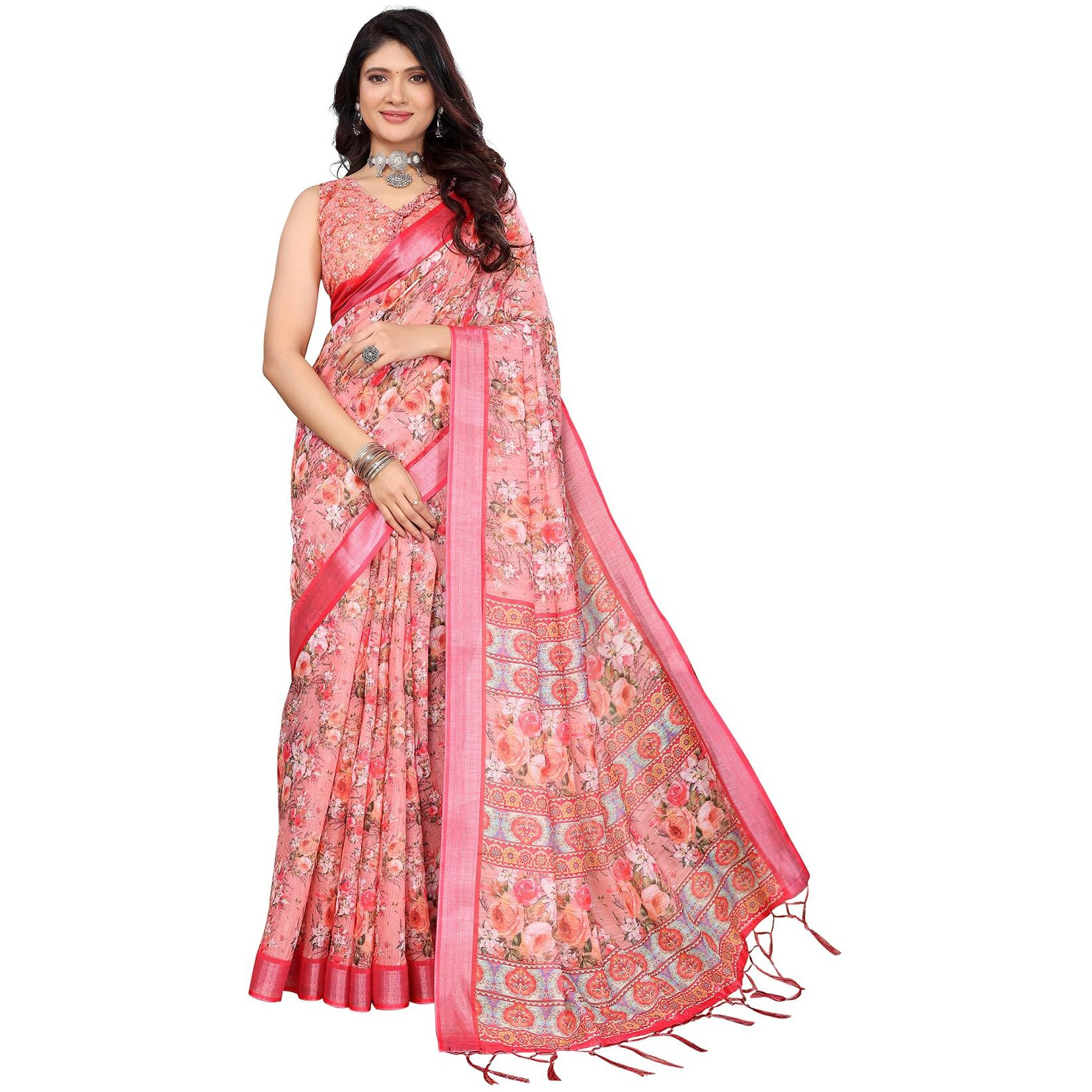 Yashika Women's Digital Print Cotton Silk Blend Saree with Silver Weaving Border and Tassels - Elegant Ethnic Wear for Festive and Casual Occasions (AZ-YS-P1-TIGER17)