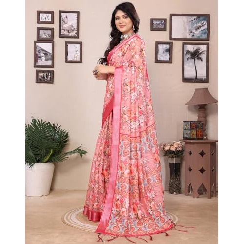 Yashika Women's Digital Print Cotton Silk Blend Saree with Silver Weaving Border and Tassels - Elegant Ethnic Wear for Festive and Casual Occasions (AZ-YS-P1-TIGER17)