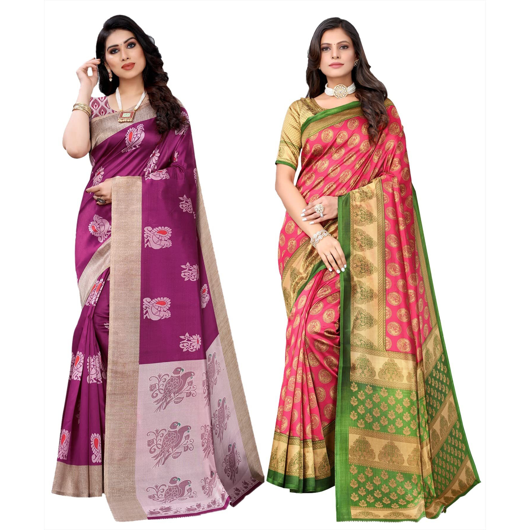 Yashika Women's Combo Art Silk Printed Saree With Blouse Piece Pack Of 2(KESAR WINE-ALIFA PINK)