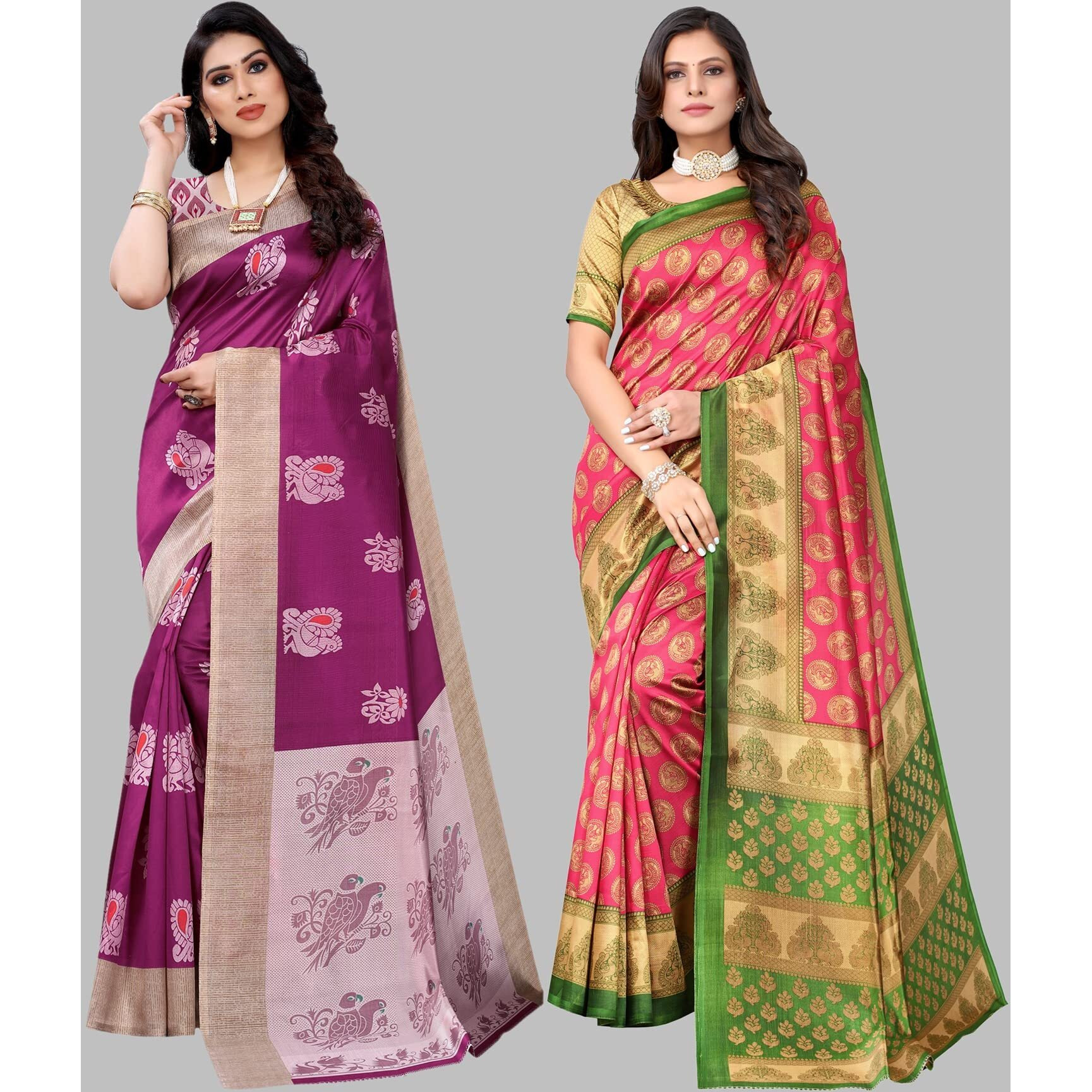 Yashika Women's Combo Art Silk Printed Saree With Blouse Piece Pack Of 2(KESAR WINE-ALIFA PINK)