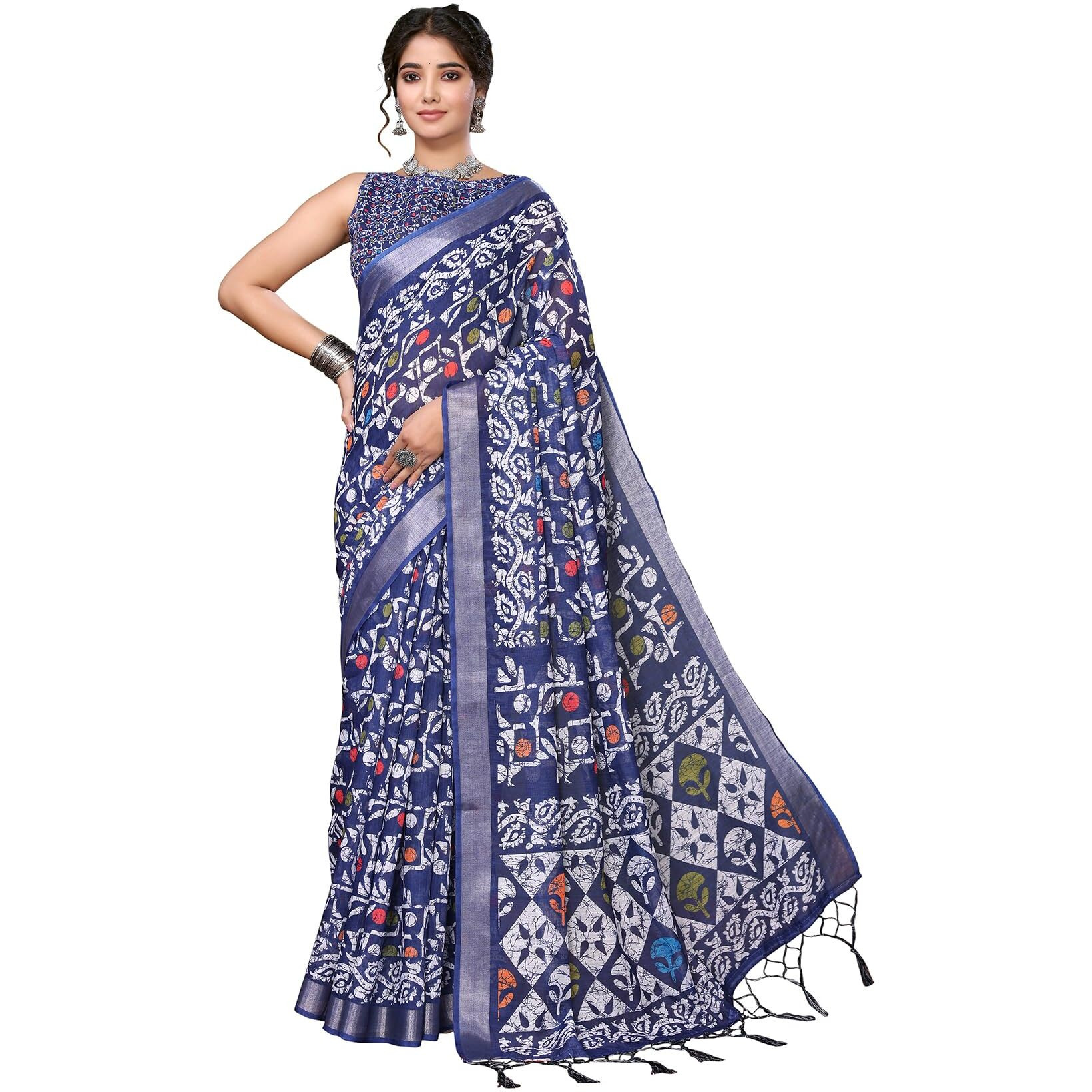 Yashika Women's Plain Digital Print Cotton Silk Blend Saree with Silver Weaving Border Tassels-Elegant Ethnic Wear for Festive and Casual Occasions (AZ-YS-P1-TIGER 01 to 06-Parent_Tiger 03-Navy)