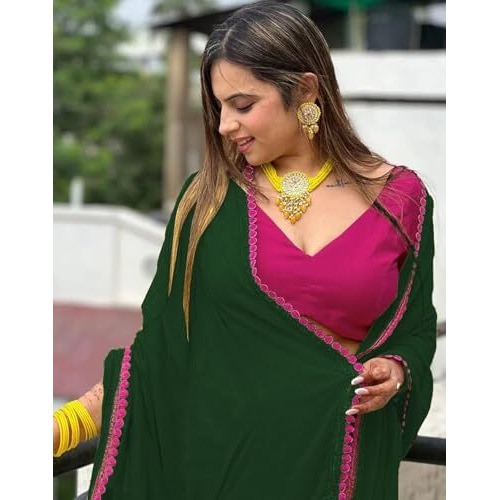 Yashika Women's Georgette Saree With Lace Border and Unstitched Blouse Material (AZ-YS-OG-NEEPA GREEN)