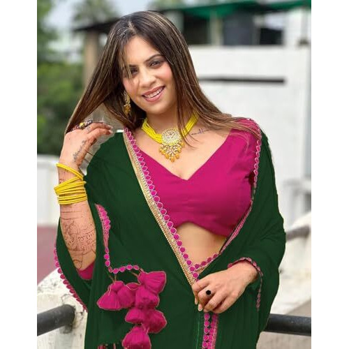 Yashika Women's Georgette Saree With Lace Border and Unstitched Blouse Material (AZ-YS-OG-NEEPA GREEN)