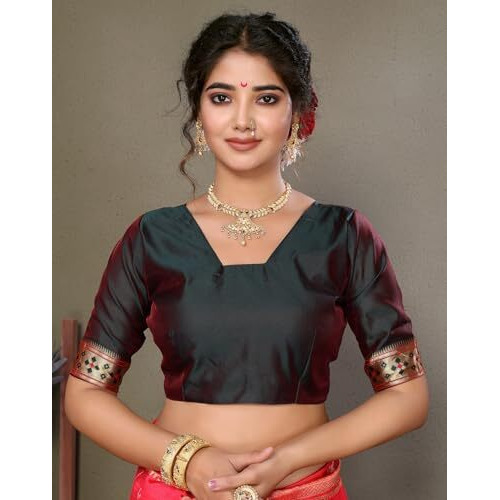 Yashika Women's Chandrakor Paithani Saree in Golden Zari Border, Saree with Crescent Moon Motifs and Peacock Design, Includes Unstitched Blouse Material (AZ-YS-P1-CHANDRA RED)