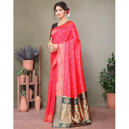 Yashika Women's Chandrakor Paithani Saree in Golden Zari Border, Saree with Crescent Moon Motifs and Peacock Design, Includes Unstitched Blouse Material (AZ-YS-P1-CHANDRA RED)
