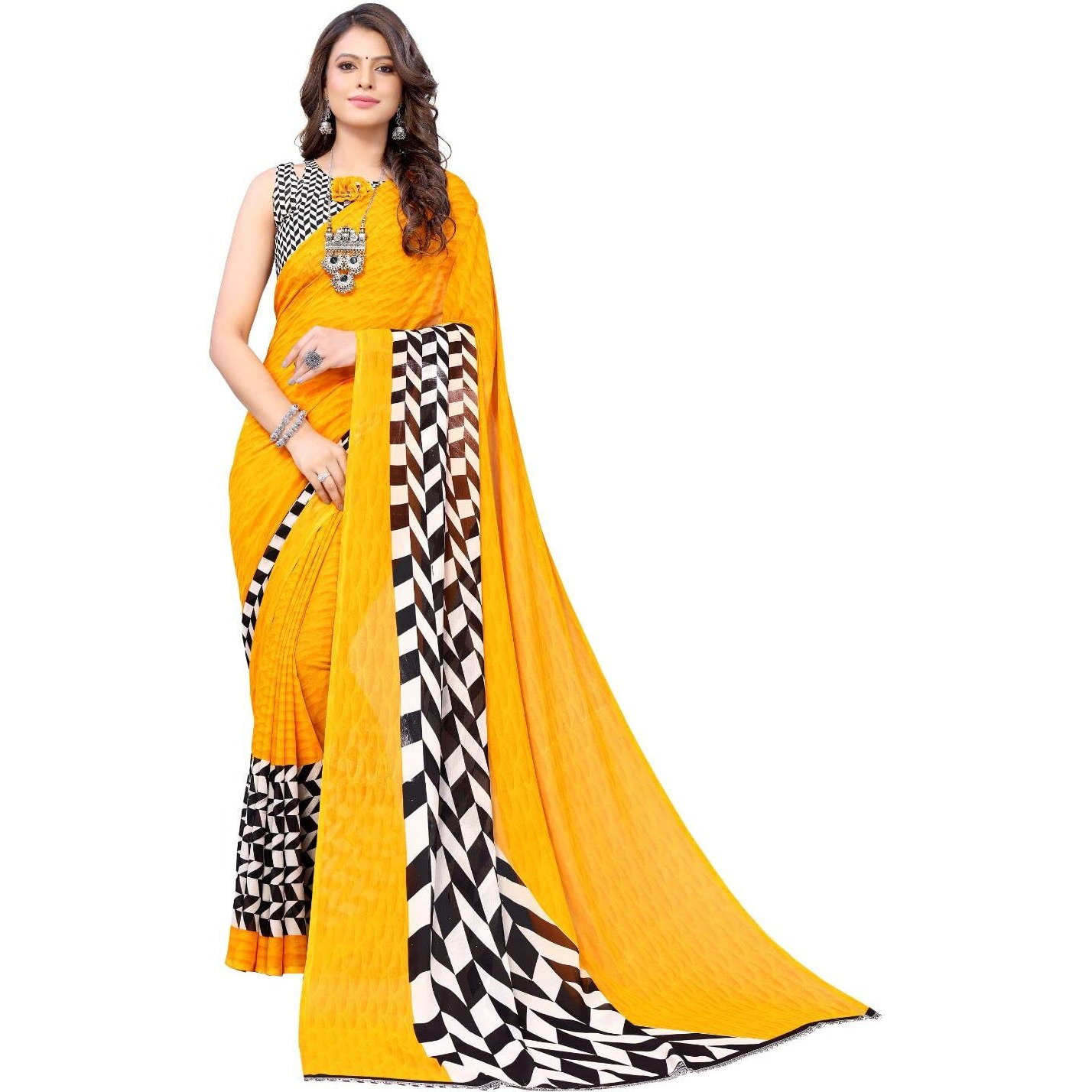 Yashika Women's Jacquard Georgette Saree (PIKU Yellow_W