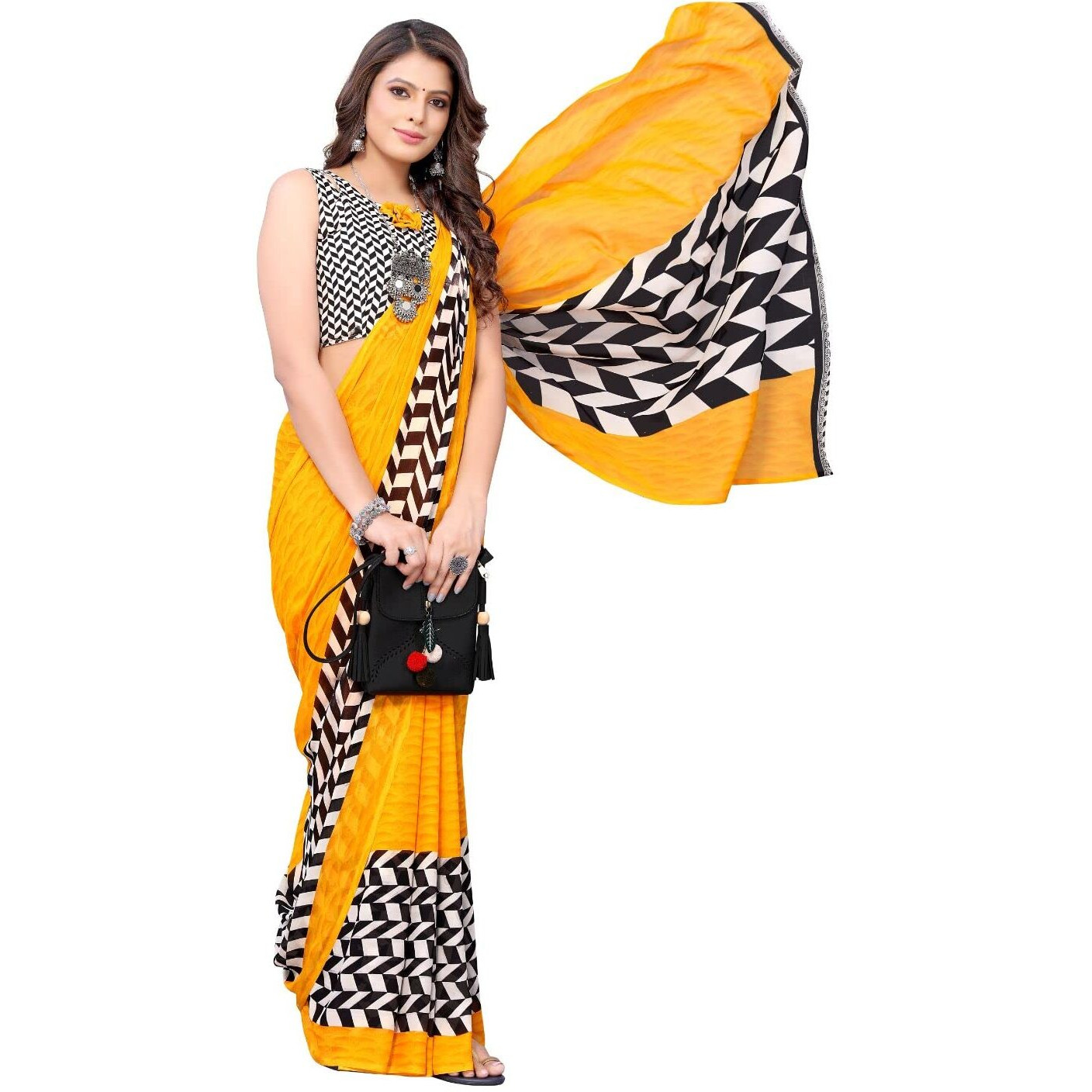 Yashika Women's Jacquard Georgette Saree (PIKU Yellow_W