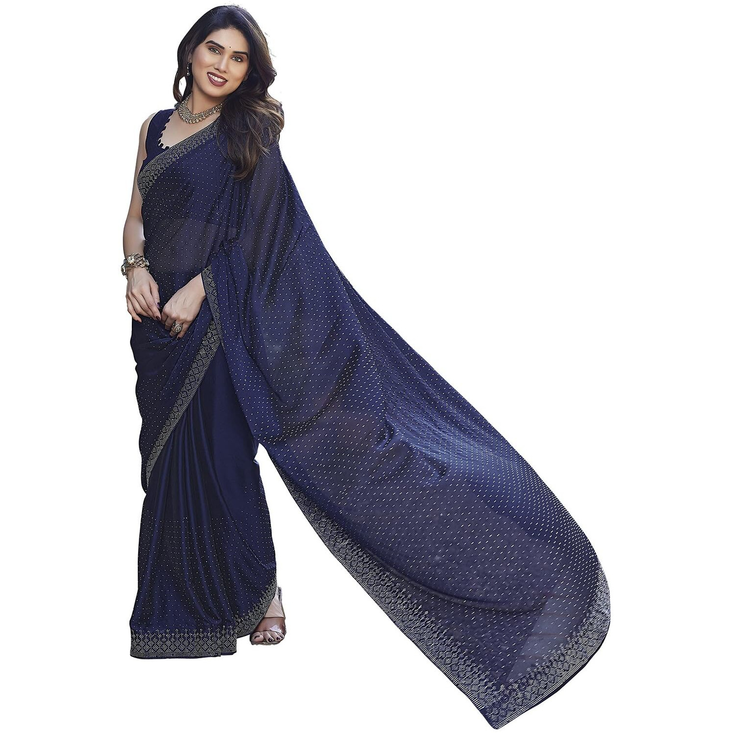 Yashika Women's latest Chiffon Saree With Lace and Blouse Material (AZ-YS-P1-SWARNA NAVY)