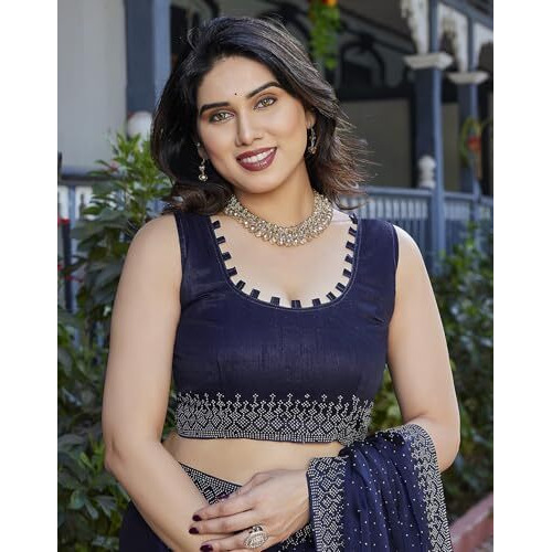 Yashika Women's latest Chiffon Saree With Lace and Blouse Material (AZ-YS-P1-SWARNA NAVY)