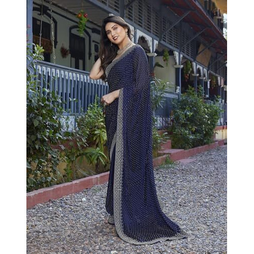 Yashika Women's latest Chiffon Saree With Lace and Blouse Material (AZ-YS-P1-SWARNA NAVY)