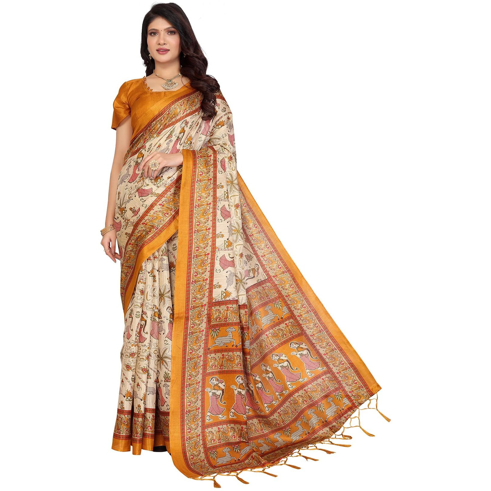 Yashika Women's Art Silk Printed Saree With Blouse Material |saree for Women | Kalamkari Saree | New Sari | Latest Saree (AZ-YS-P1-NIHARIKA CHIKU MUSTARD JHALAR)