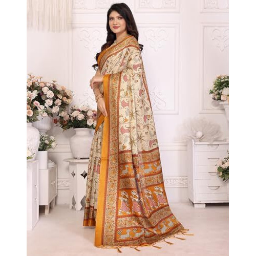 Yashika Women's Art Silk Printed Saree With Blouse Material |saree for Women | Kalamkari Saree | New Sari | Latest Saree (AZ-YS-P1-NIHARIKA CHIKU MUSTARD JHALAR)