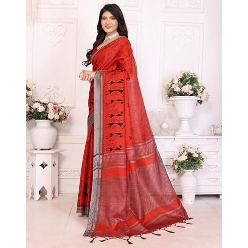 Yashika Women's Art Silk Printed Saree With Blouse Material |saree for Women | Kalamkari Saree | New Sari | Latest Saree (AZ-YS-P1-NASIMA RED JHALAR)