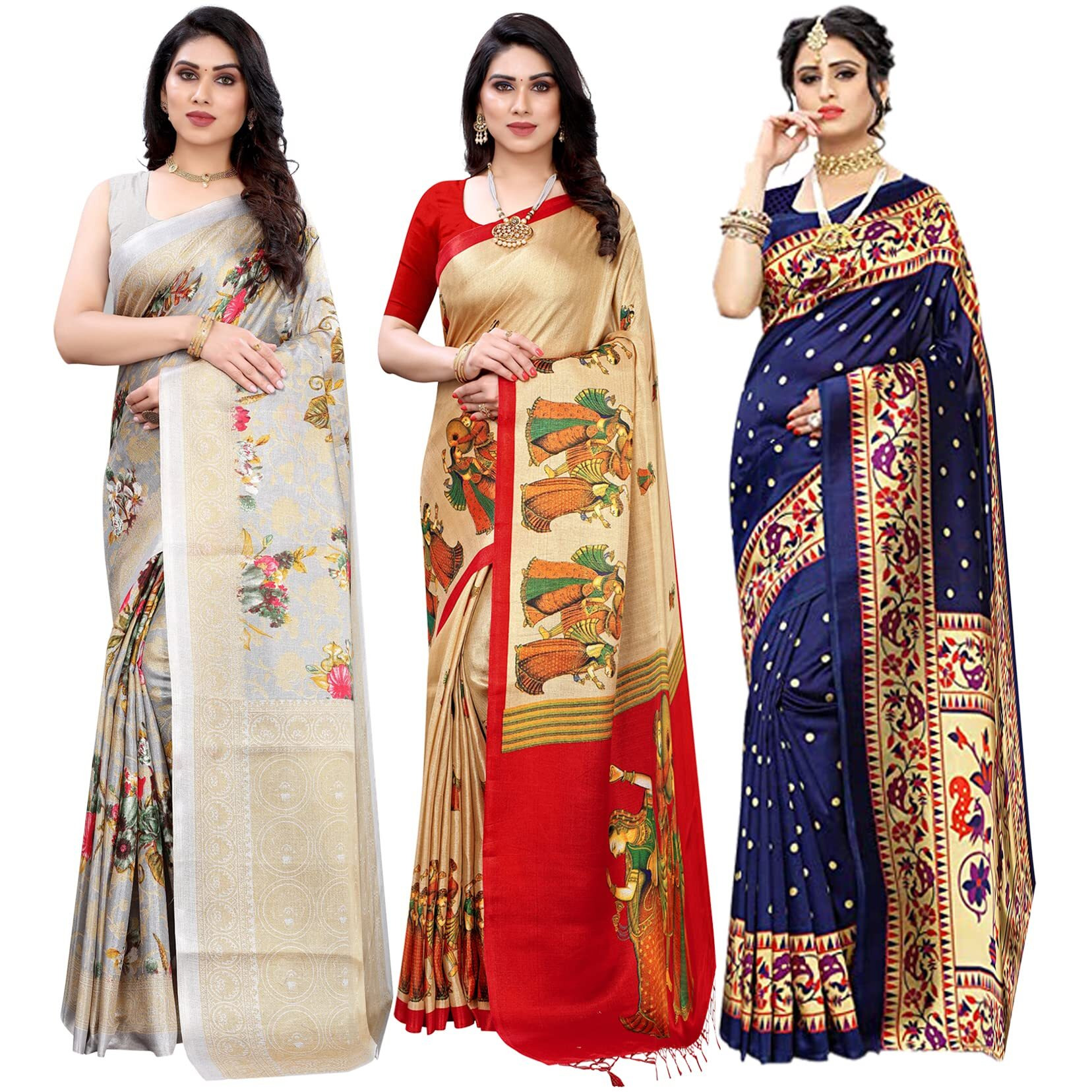 Yashika Women's Combo Art Silk Saree With Blouse Piece - Pack Of 3(PUDINA GREY-RAJARANI CHICKU-MATWALI NAVY)