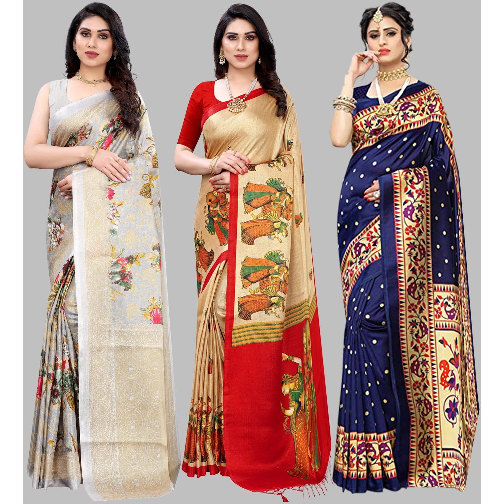 Yashika Women's Combo Art Silk Saree With Blouse Piece - Pack Of 3(PUDINA GREY-RAJARANI CHICKU-MATWALI NAVY)