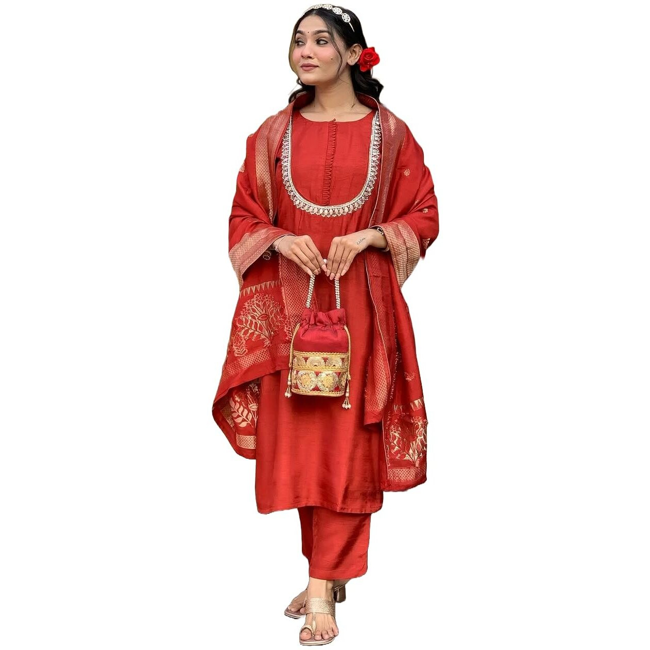 Yashika Women's Solid Regular Silk Blend Kurta Pant with Jacquard Dupatta Set and Khatali Work Suitable for Every Indian Occasion (AZ-YS-OG-KS2177-Parent_Maroon_2XL)