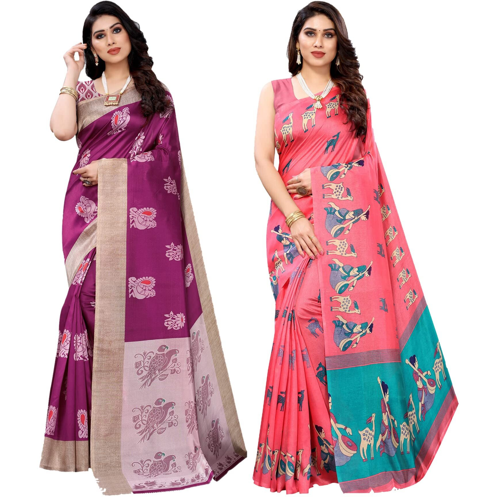 Yashika Women's Combo Art Silk Printed Saree With Blouse Piece Pack Of 7(KESAR WINE-MAITHALI PINK)