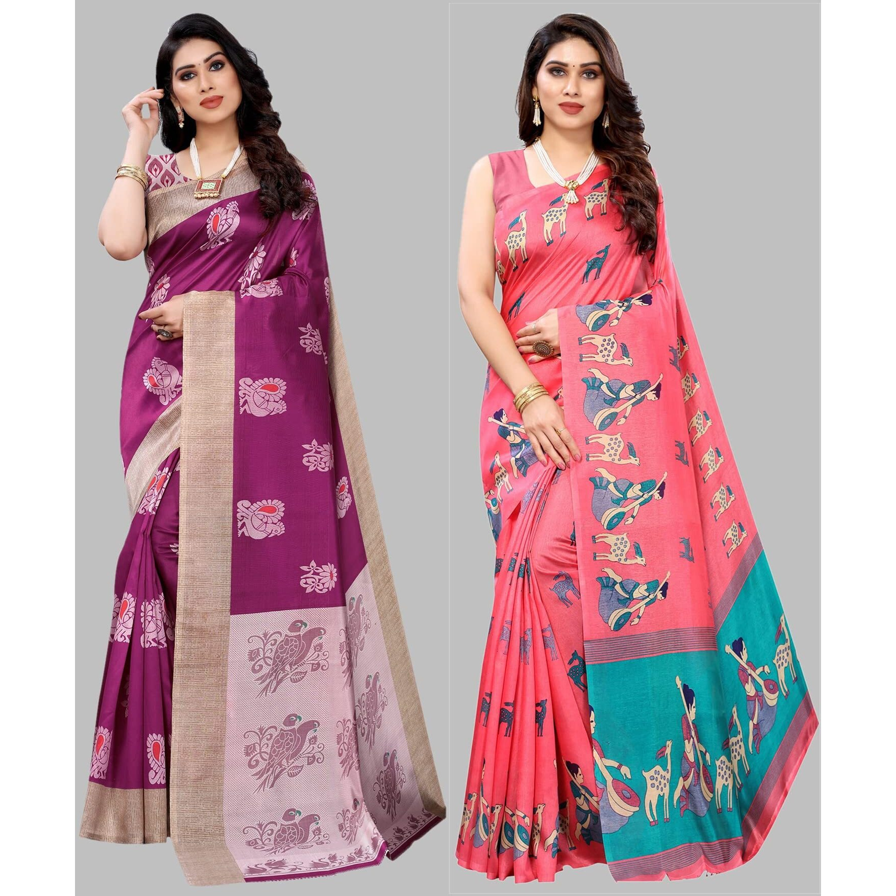 Yashika Women's Combo Art Silk Printed Saree With Blouse Piece Pack Of 7(KESAR WINE-MAITHALI PINK)