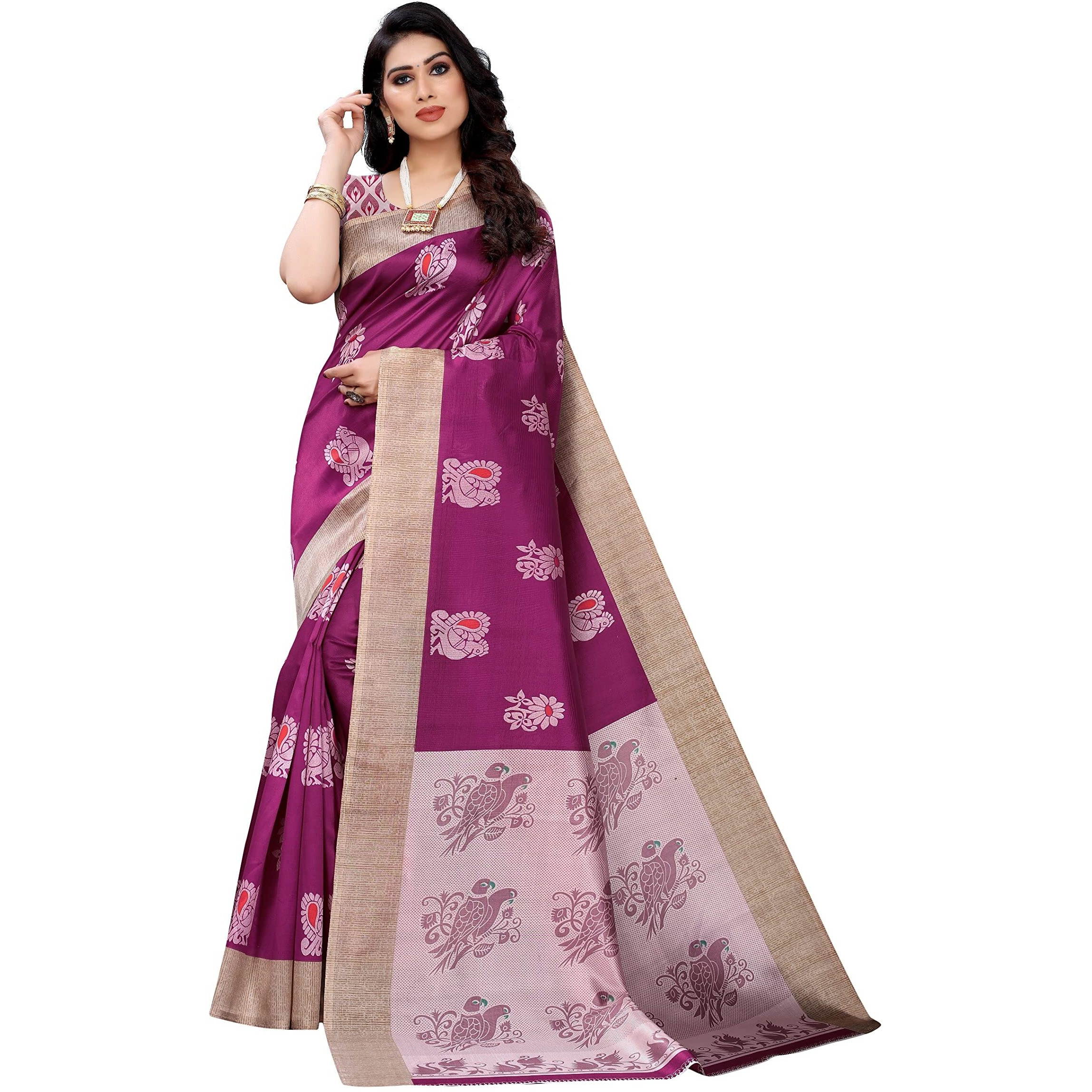 Yashika Women's Combo Art Silk Printed Saree With Blouse Piece Pack Of 7(KESAR WINE-MAITHALI PINK)