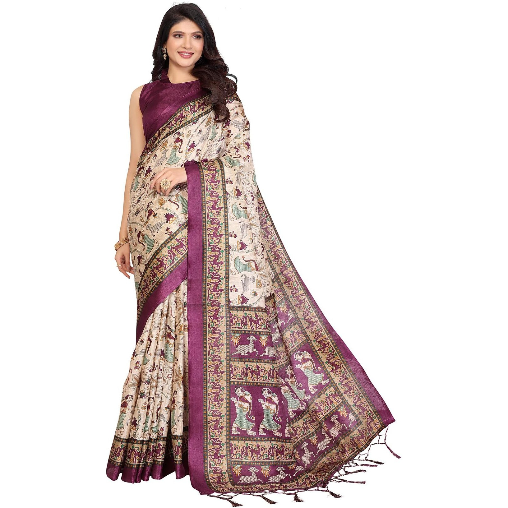 Yashika Women's Art Silk Printed Saree With Blouse Material |saree for Women | Kalamkari Saree | New Sari | Latest Saree (AZ-YS-P1-NIHARIKA CHIKU PURPLE JHALAR)