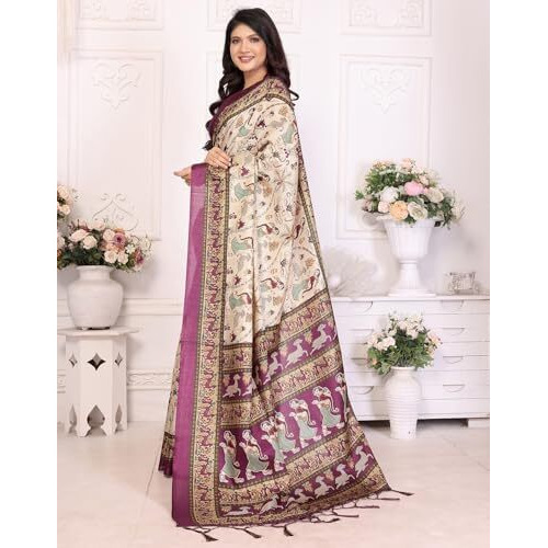 Yashika Women's Art Silk Printed Saree With Blouse Material |saree for Women | Kalamkari Saree | New Sari | Latest Saree (AZ-YS-P1-NIHARIKA CHIKU PURPLE JHALAR)