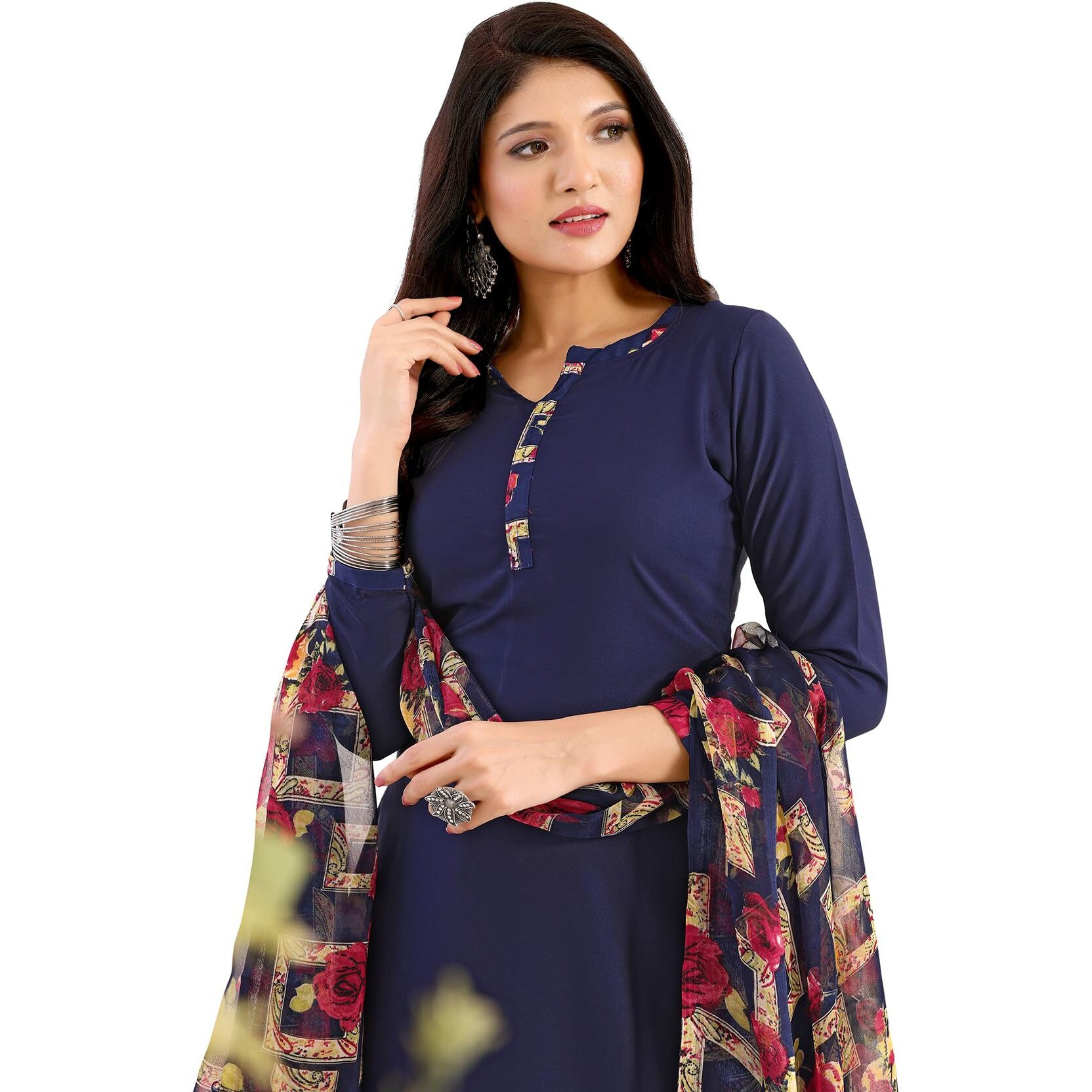 Yashika Women's Printed Dress Material - Unstitched Crepe Fabric Kurti, Pants & Dupatta Set (AZ-YS-P4-KIARA NAVY)