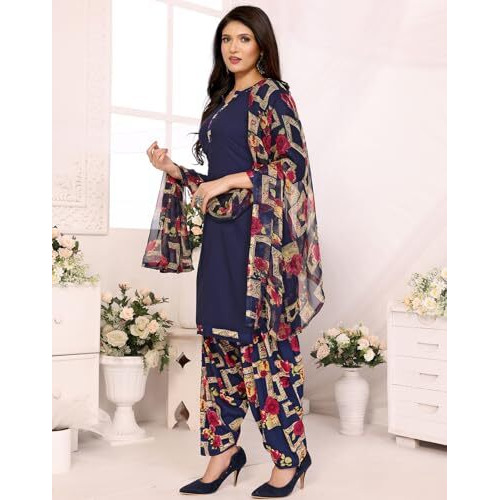 Yashika Women's Printed Dress Material - Unstitched Crepe Fabric Kurti, Pants & Dupatta Set (AZ-YS-P4-KIARA NAVY)