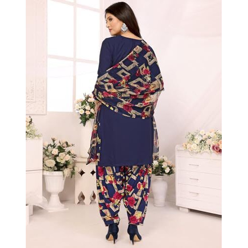 Yashika Women's Printed Dress Material - Unstitched Crepe Fabric Kurti, Pants & Dupatta Set (AZ-YS-P4-KIARA NAVY)