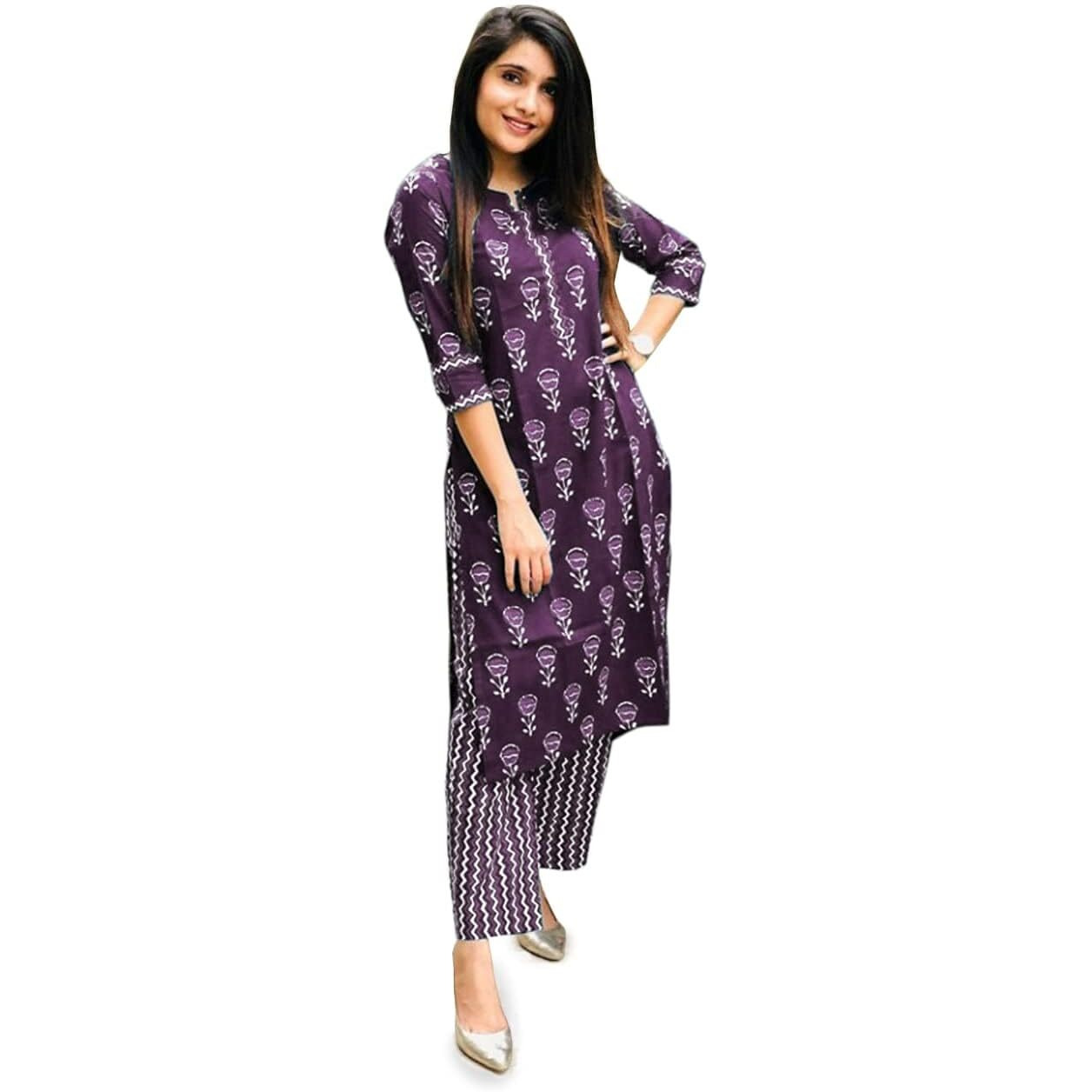 Yashika Floral Regular Printed Cotton Blend Straight Kurta Pant Set-Elegant Ethnic Wear Ensemble Modern Women, Perfect for Any Occasion (AZ-YS-OG-KS2115-Parent_Wine