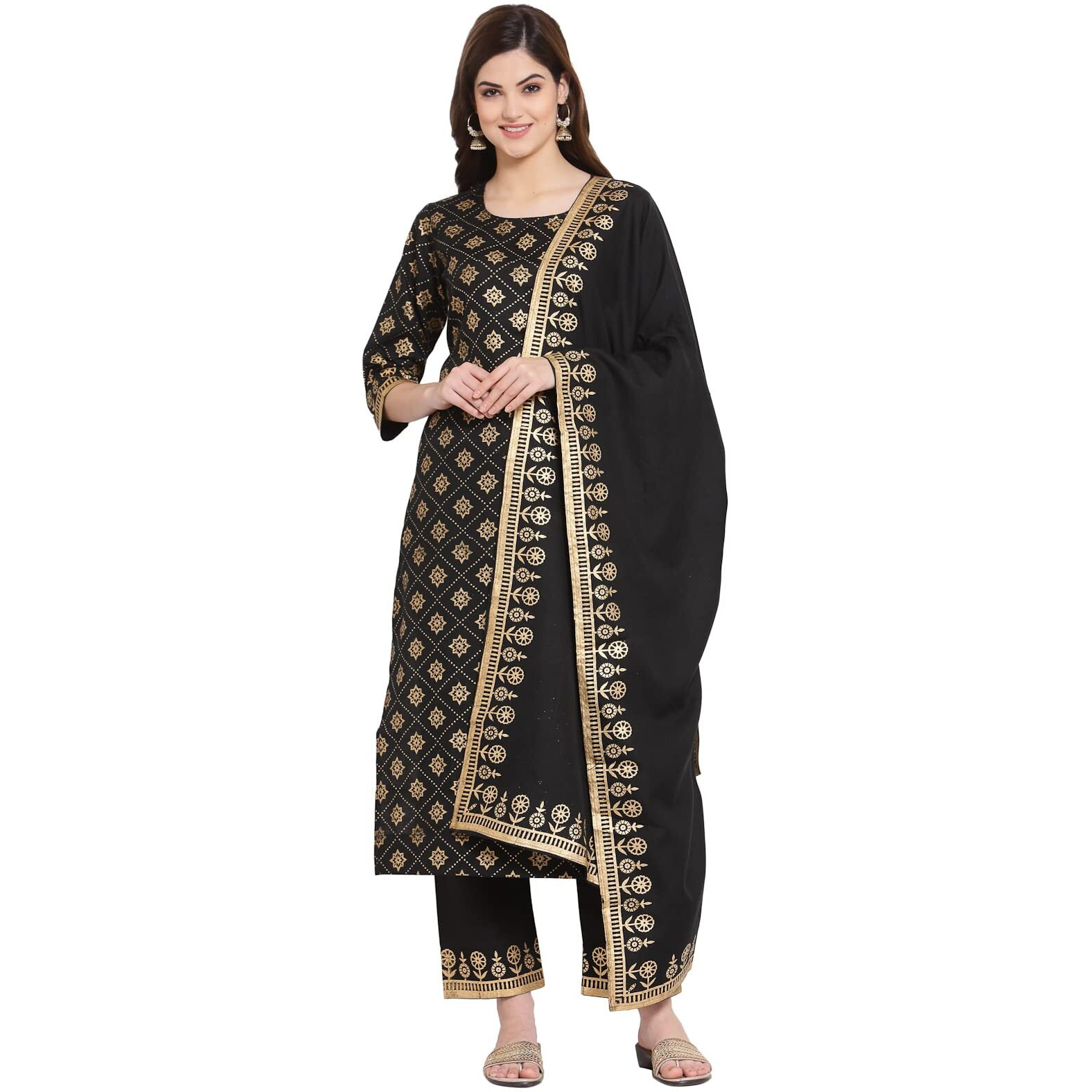 ANNI DESIGNER Women's Straight Cotton Kurta with Palazzo & Dupatta (KPZD-COT-10001-BLACK_XL_Black_X-Large)