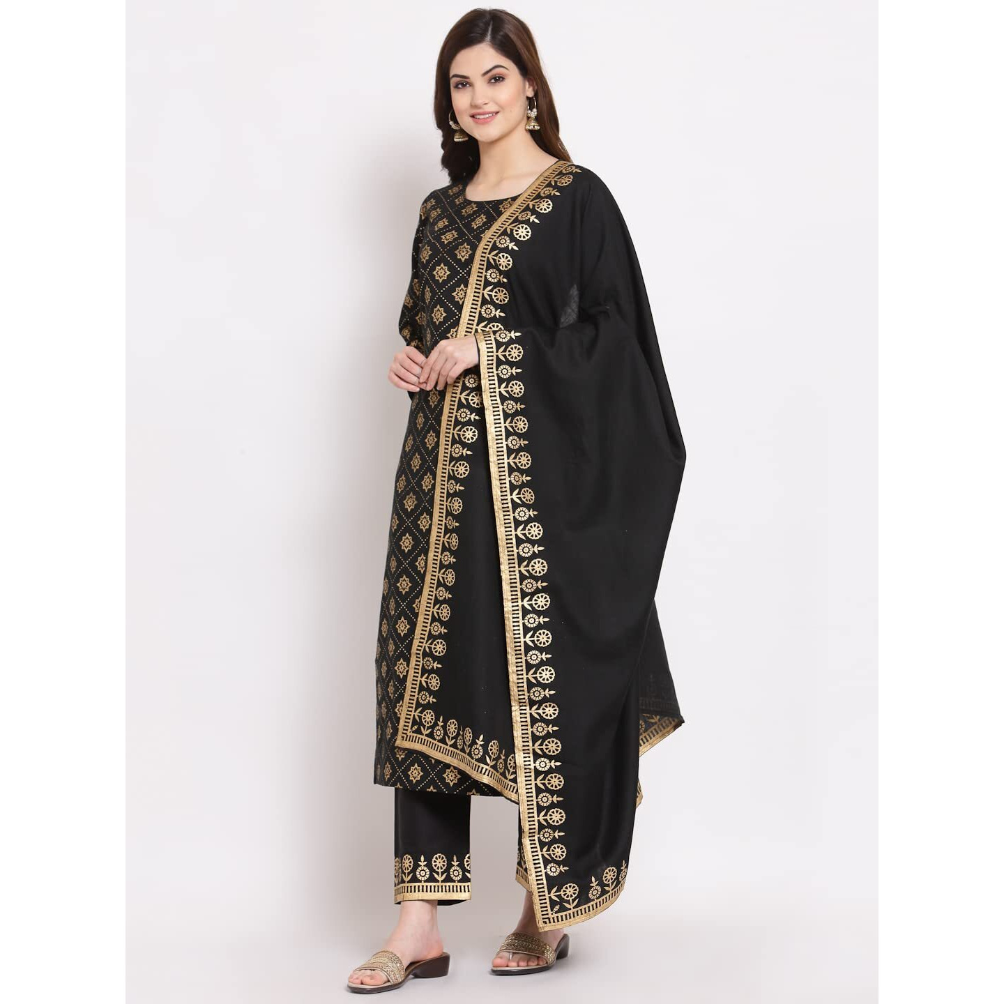 ANNI DESIGNER Women's Straight Cotton Kurta with Palazzo & Dupatta (KPZD-COT-10001-BLACK_XL_Black_X-Large)