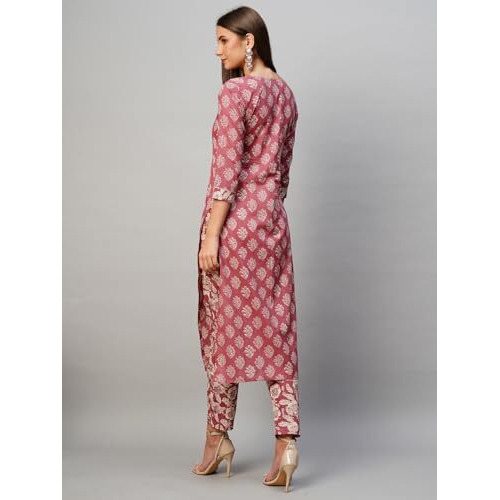 ANNI DESIGNER Women's Cotton Blend Straight Printed Kurta with Pant (Gabri Pink_XL_Pink_X-Large)