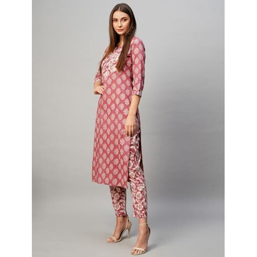 ANNI DESIGNER Women's Cotton Blend Straight Printed Kurta with Pant (Gabri Pink_XL_Pink_X-Large)