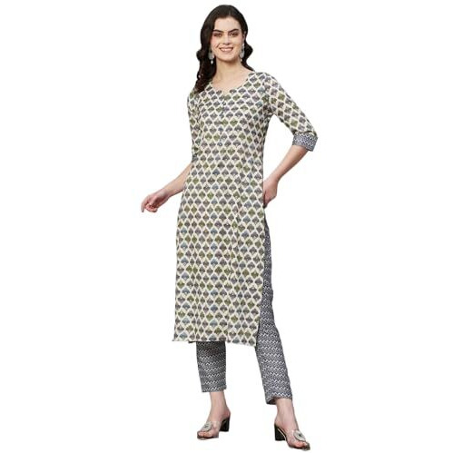 ANNI DESIGNER Women's Cotton Blend Straight Printed Kurta with Pant (B12 Cream_L_Cream_Large)