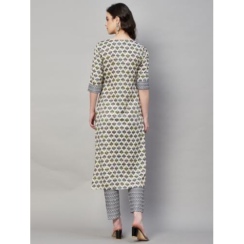 ANNI DESIGNER Women's Cotton Blend Straight Printed Kurta with Pant (B12 Cream_L_Cream_Large)
